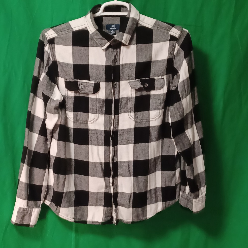 George Mens Buffalo Plaid Flannel Shirt Black White Long Sleeve Large WM26600941